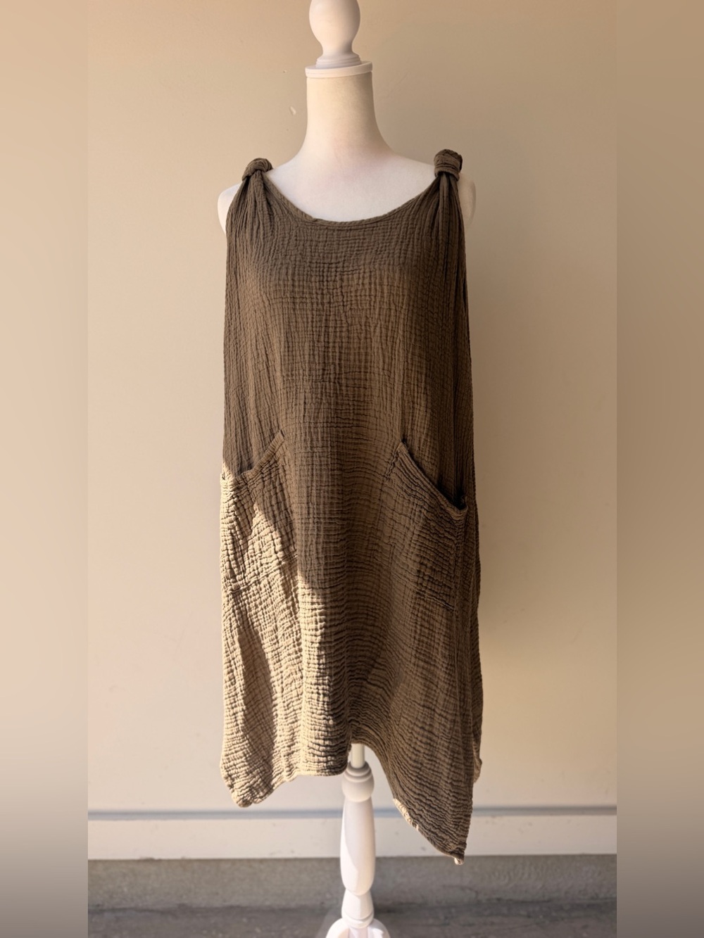 NWT Kathmandu Knot Strap Sleeveless Gauze Dress - Olive Brown